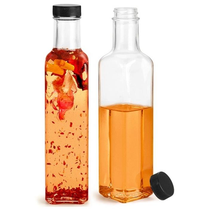 Clear Glass Square Bottles w/Black Cap, 250 ml